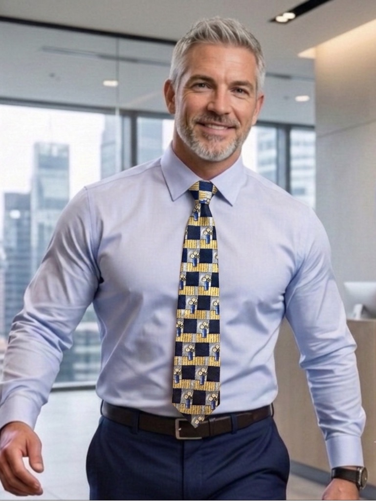 Ermenegildo Zegna Navy And Gold Checkerboard Silk Tie With Motif